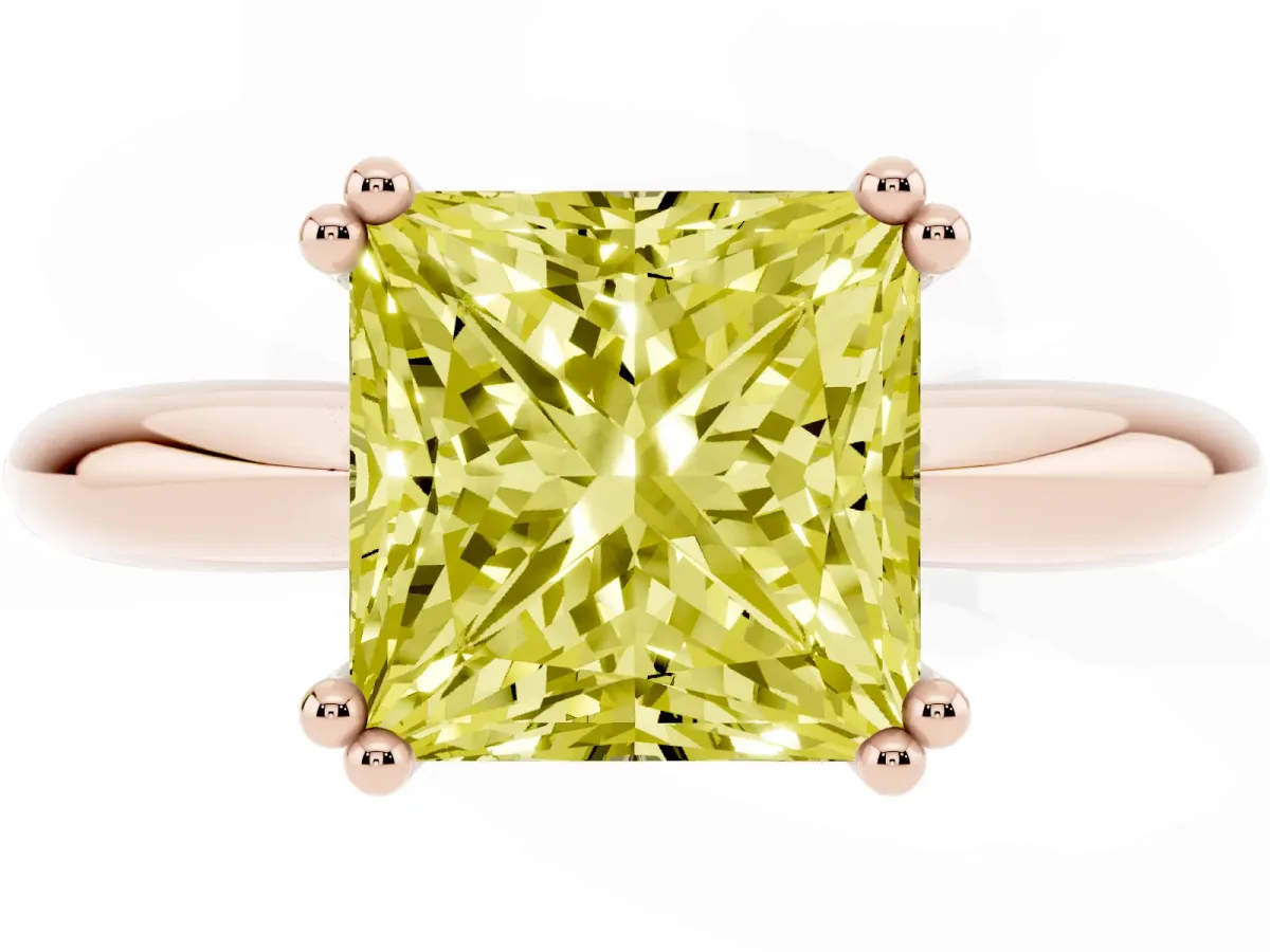 Fancy Yellow Princess Cut Cut Solitaire Engagement Ring with Tapered Band and Four-Prong Setting Rose gold