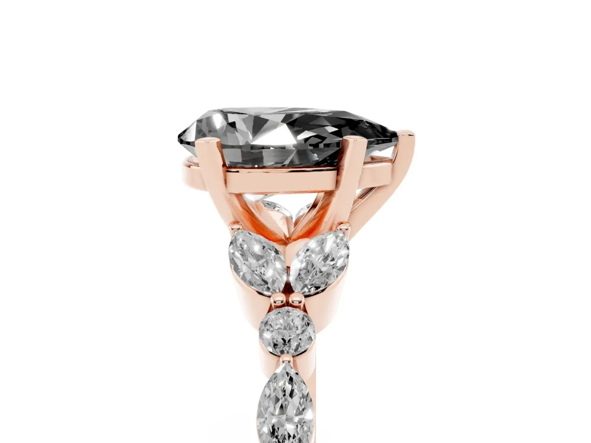 Fancy Black Pear Cut Diamond Solitaire Ring with Side Stones and Four-Prong Setting Rose gold