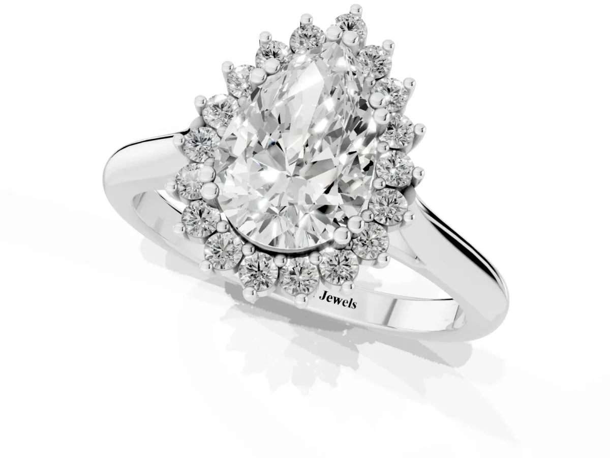 Pear Cut Cut Diamond Halo Ring with Solitaire Band and Prong Setting Silver