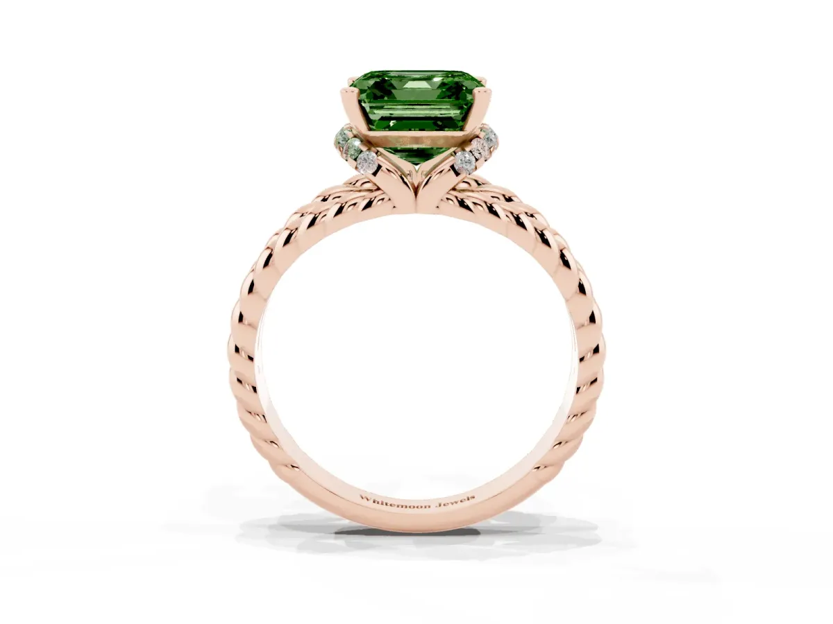 Fancy Green Asscher Cut Halo Twisted Band Four-Prong Ring Rose gold