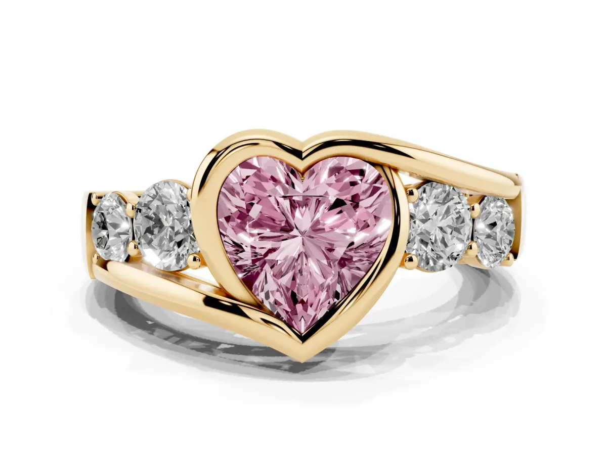 Fancy Pink Bezel Set Heart Cut Diamond Bypass Ring with Round Accents Yellow gold