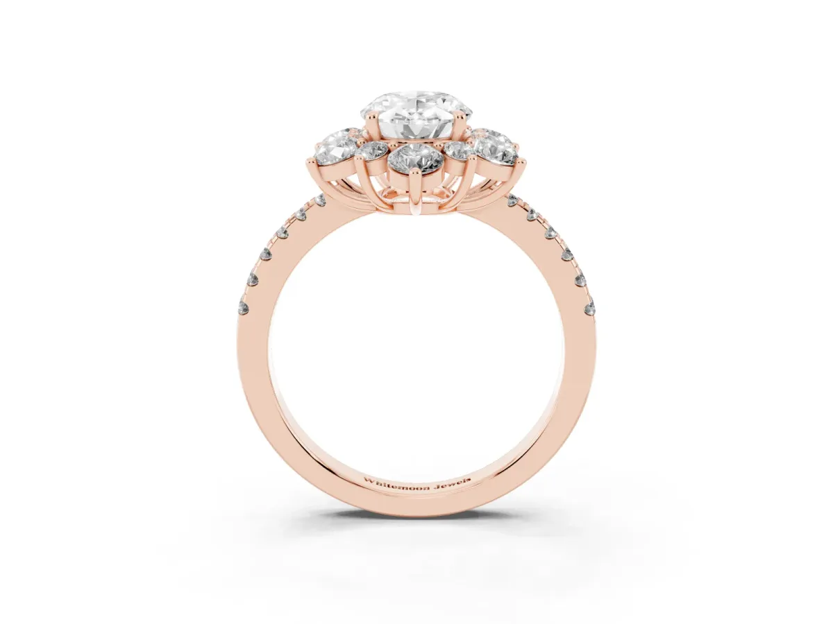 Oval Cut Diamond Floral Halo Ring with Round Pavé Band and Prong Setting Rose gold