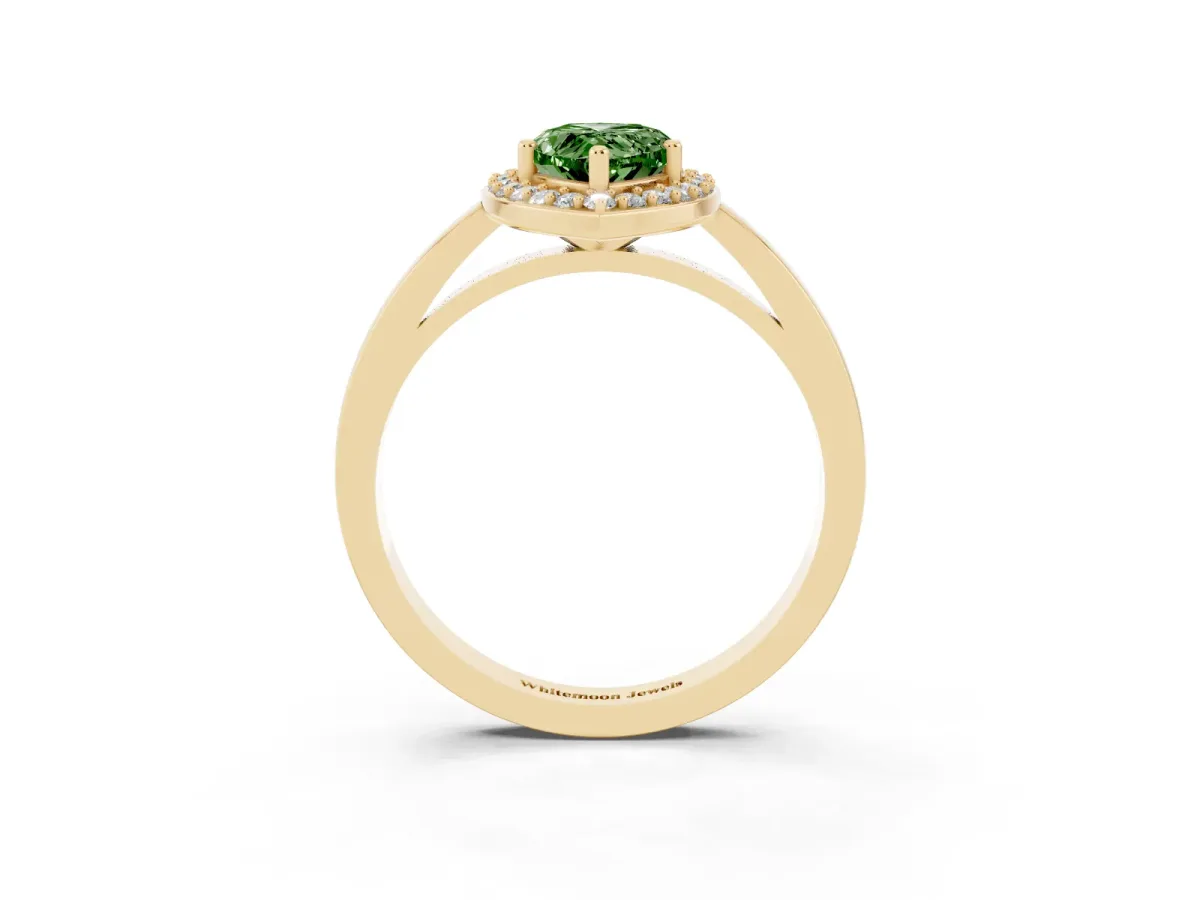 Fancy Green Pear Cut Halo Diamond Ring with Solitaire Band and Prong Setting Yellow gold