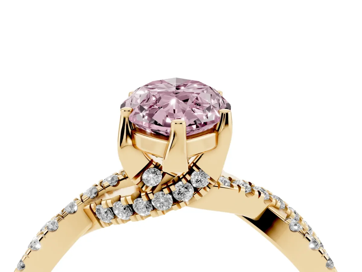 Fancy Pink Marquise Cut Solitaire Twist Pave Diamond Engagement Ring with Prong Setting Yellow gold