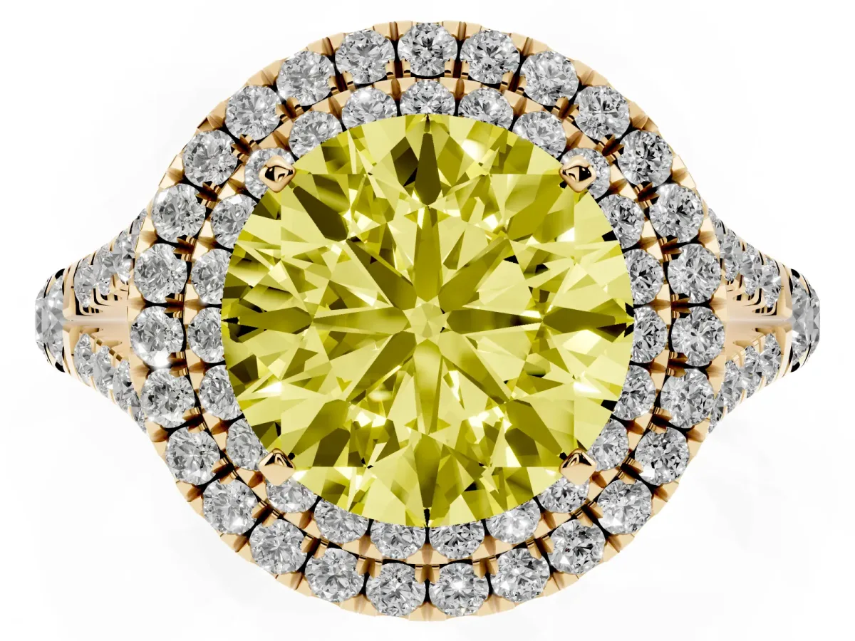 Fancy Yellow Round Cut Diamond Pavé Split Shank Double Halo Engagement Ring Yellow gold