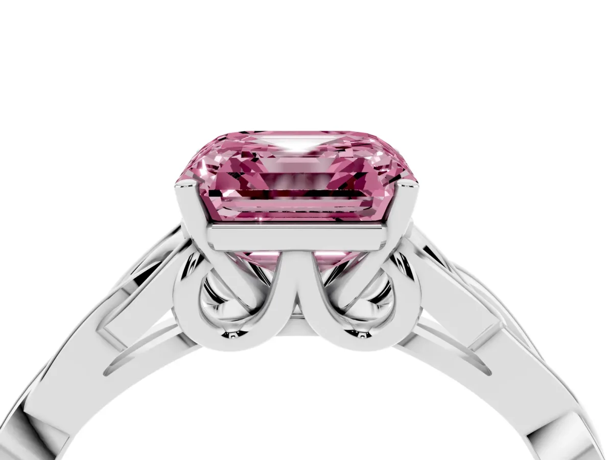 Fancy Pink Asscher Cut Diamond Solitaire Engagement Ring with Celtic Knot Band and Four-Prong Setting Silver
