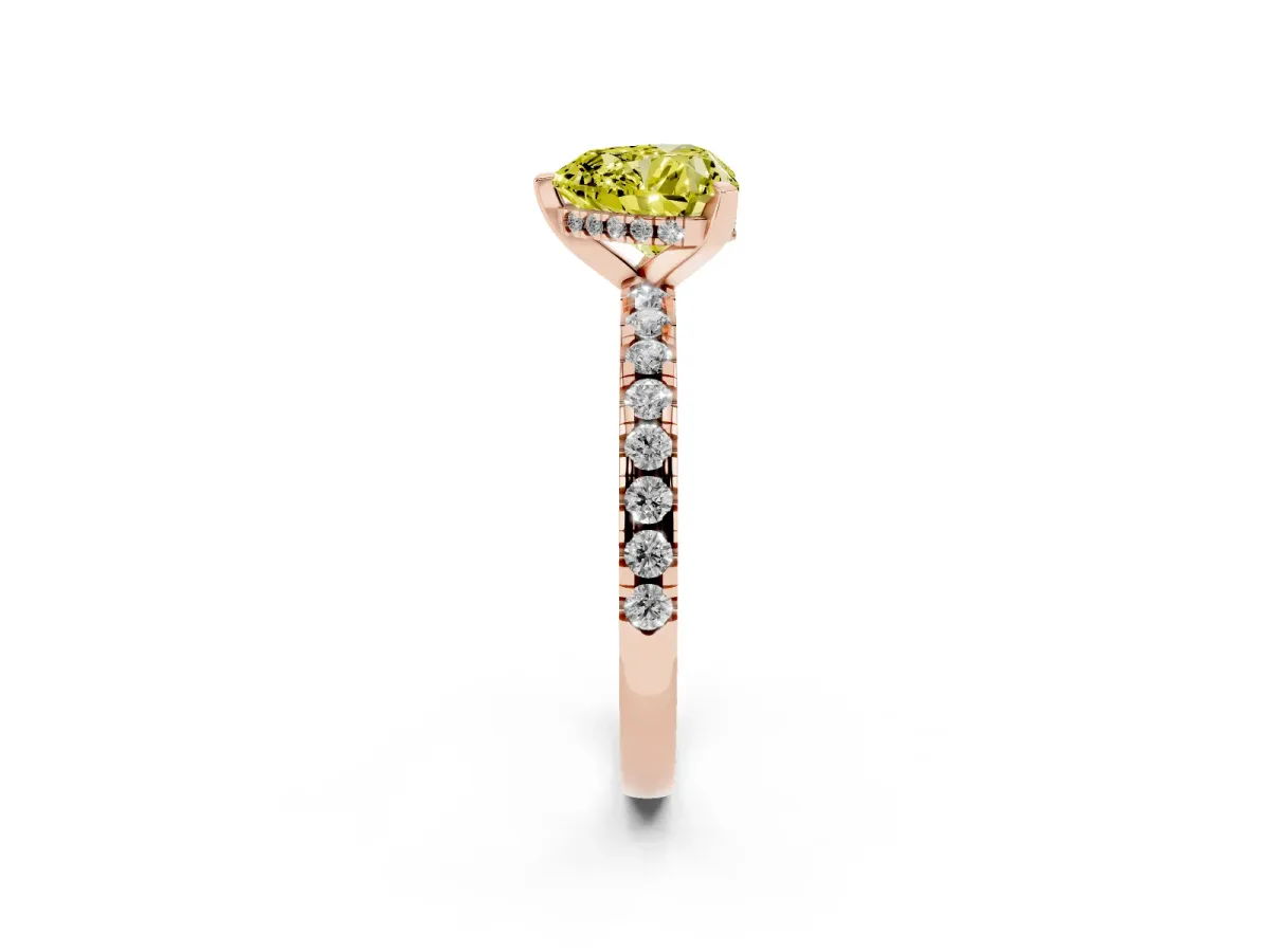 Fancy Yellow Heart Cut Diamond Solitaire Ring with Round Pavé Band and Four-Prong Setting Rose gold