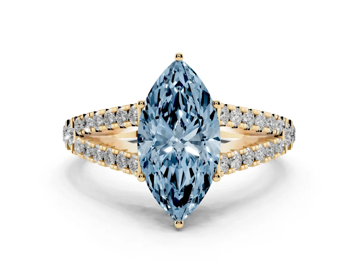 Fancy Blue Marquise Cut Diamond Split Shank Engagement Ring with Round Pavé and Prong Setting Yellow gold