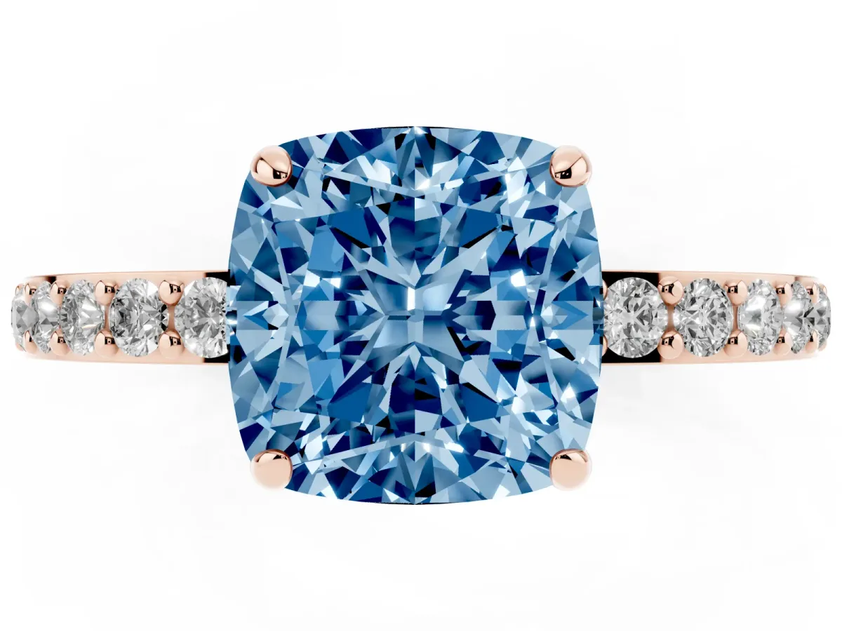 Fancy Blue Cushion Cut Diamond Pavé Engagement Ring with Round Accents and Prong Setting Rose gold