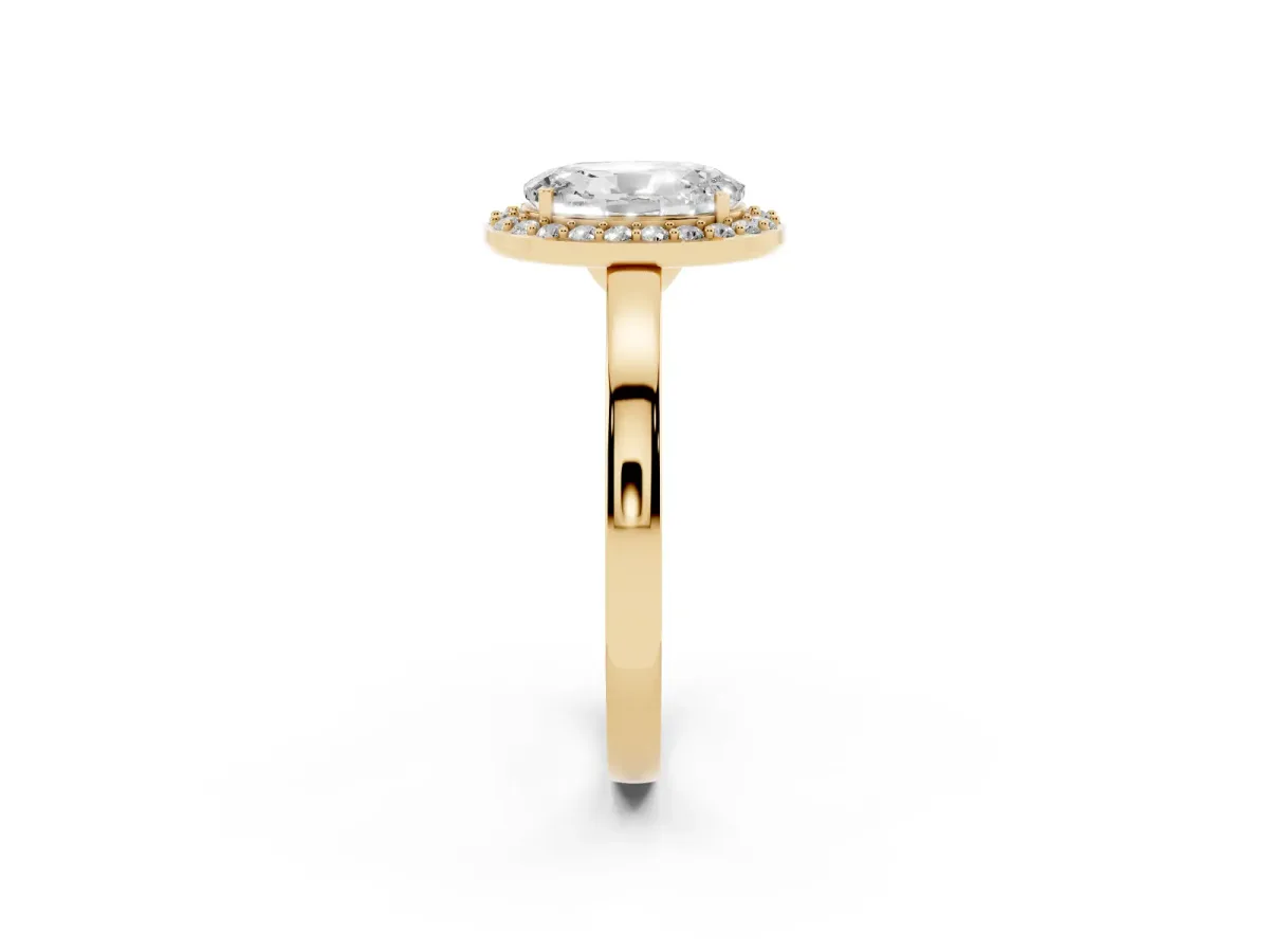 Oval Cut Halo Diamond Ring with Solitaire Band and Prong Setting Yellow gold
