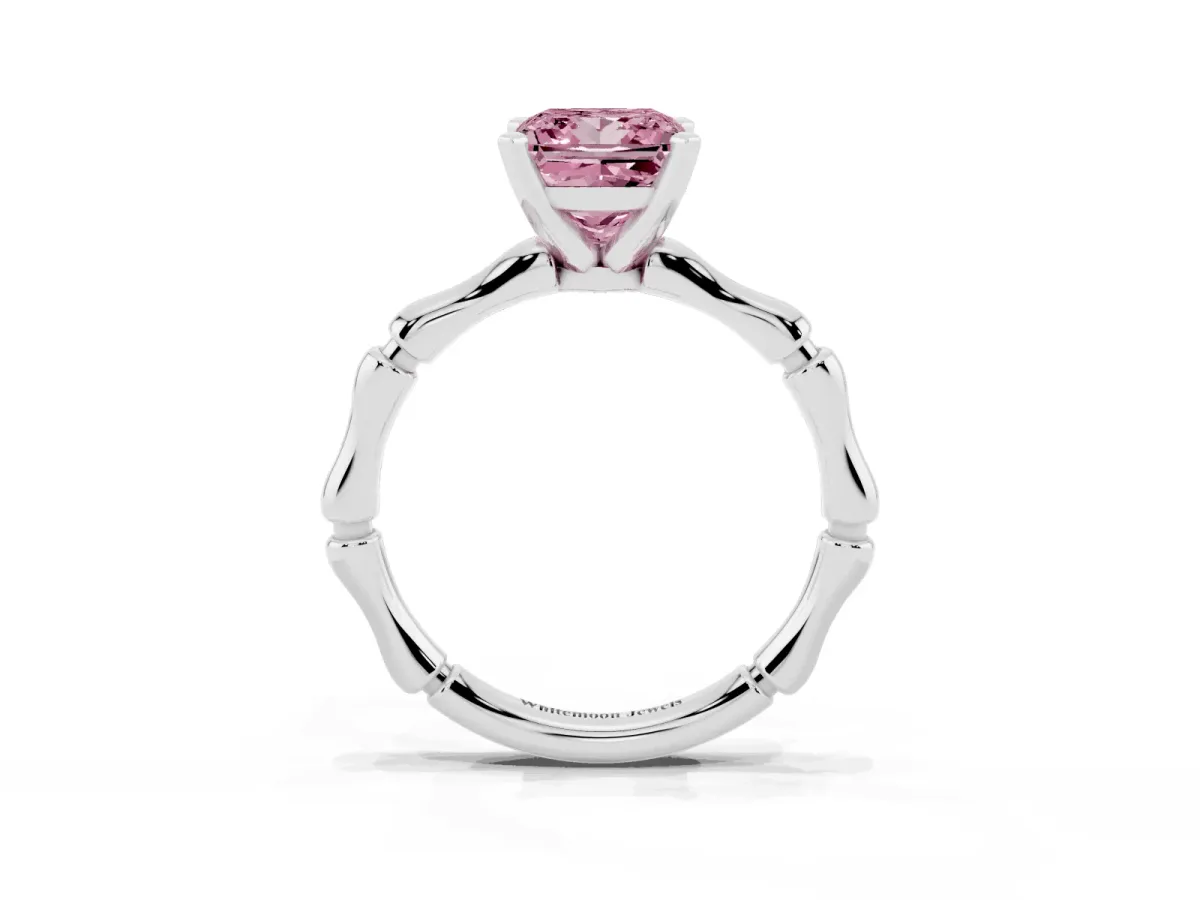 Fancy Pink Princess Cut Solitaire Diamond Ring with Bamboo Band and Four-Prong Setting Silver