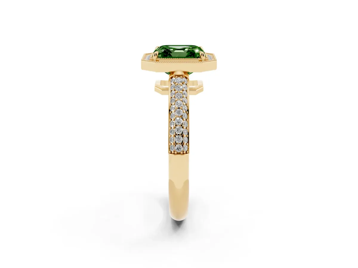 Fancy Green Asscher Cut Cut Halo Diamond Pave Band with Four-Prong Setting Yellow gold