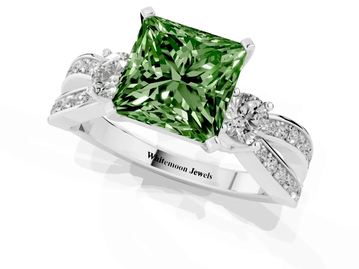 Fancy Green Three-Stone Princess Cut Cut Diamond Twist Band with Prong Setting Silver