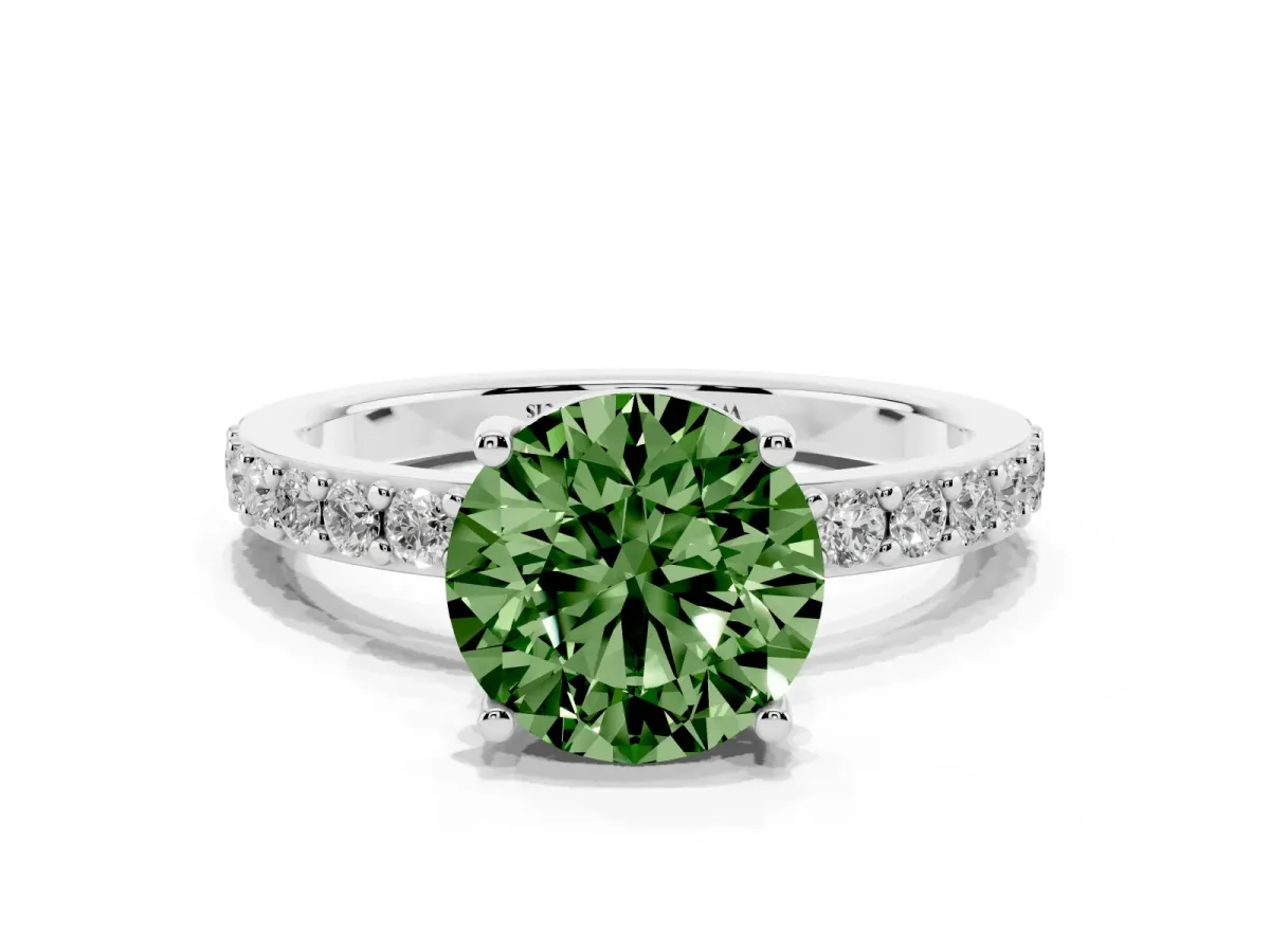 Fancy Green Round Cut Cut Diamond Solitaire with Pave Band and Four-Prong Setting Silver