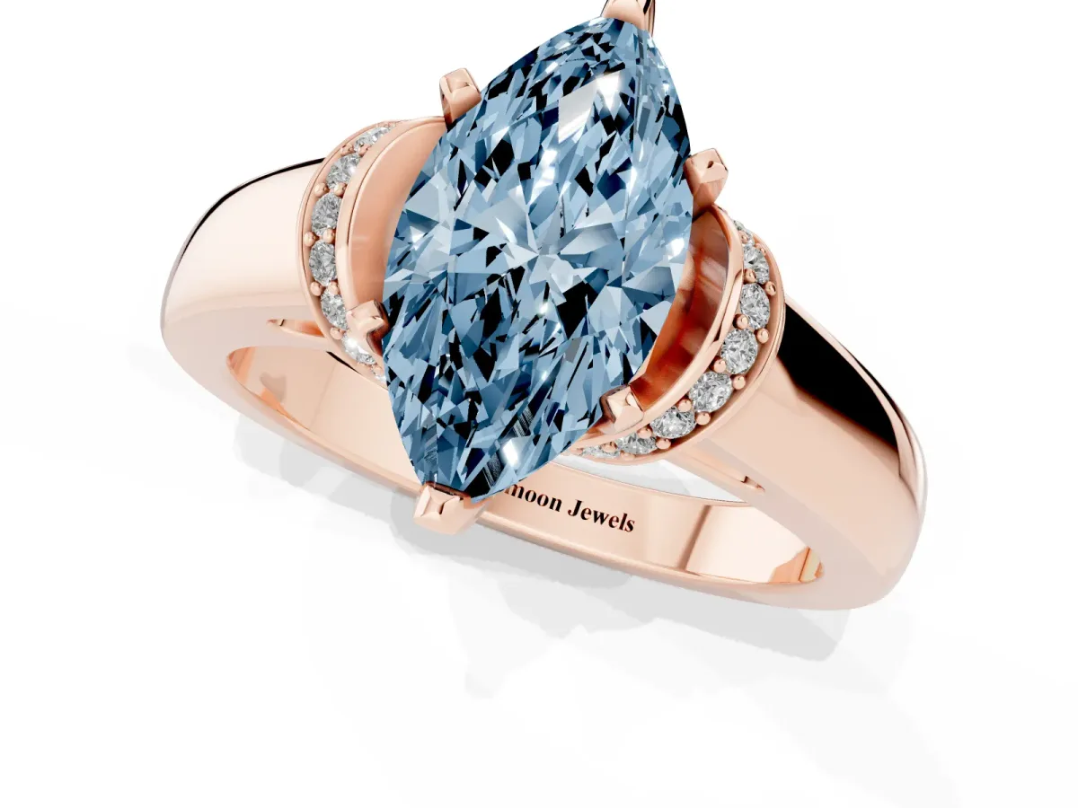 Fancy Blue Marquise Cut Solitaire Diamond Ring with Pave Band and Six-Prong Setting Rose gold