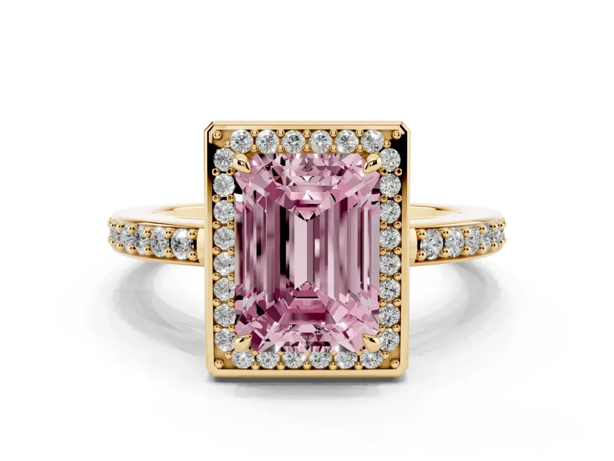 Fancy Pink Emerald Cut Halo Pave Band Solitaire Ring with Prong Setting Yellow gold