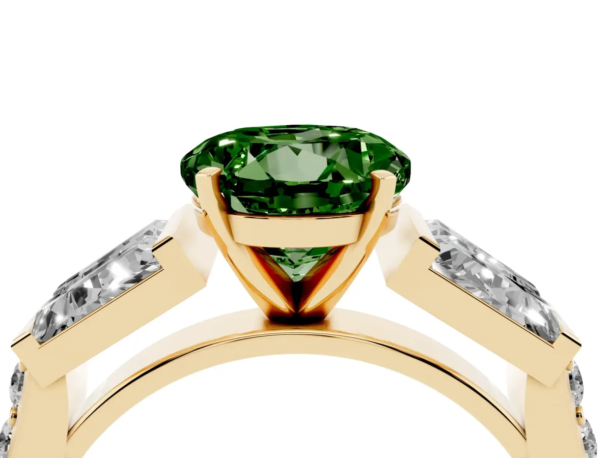 Fancy Green Round Cut Diamond Engagement Ring with Baguette Side Stones and Channel Set Band Yellow gold