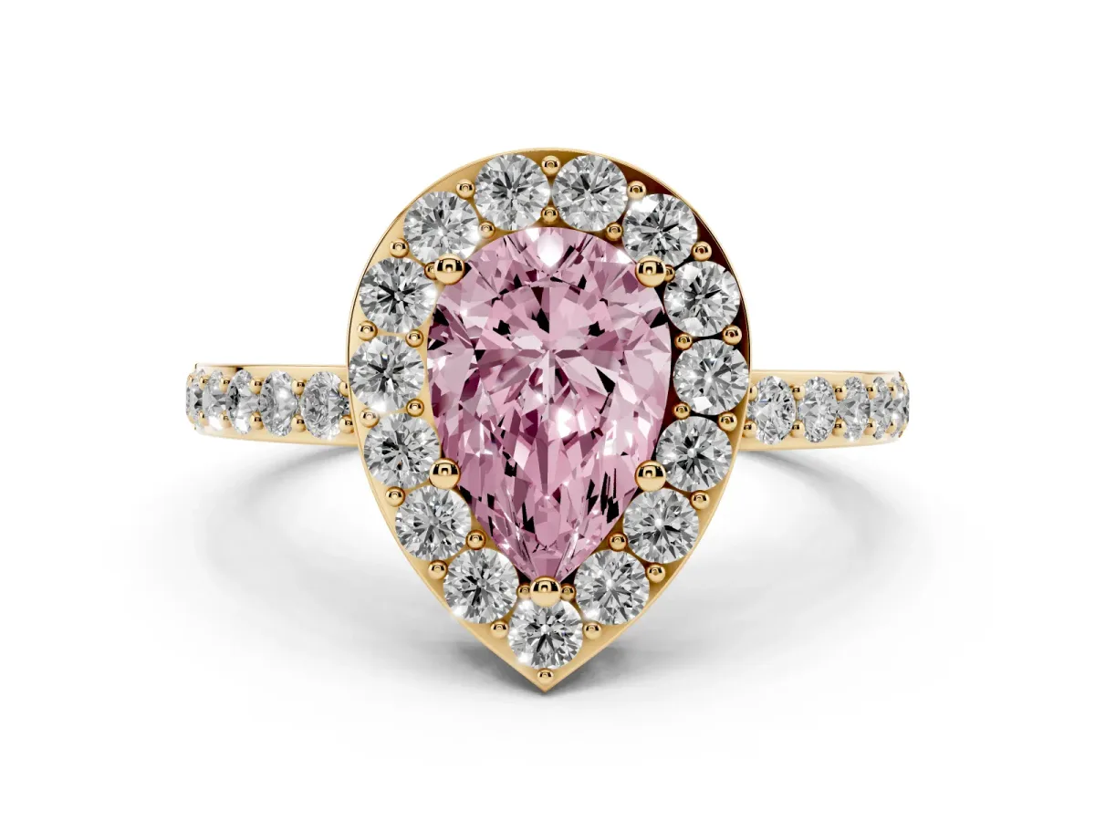 Fancy Pink Pear Cut Halo Diamond Pavé Band Ring with Prong Setting Yellow gold