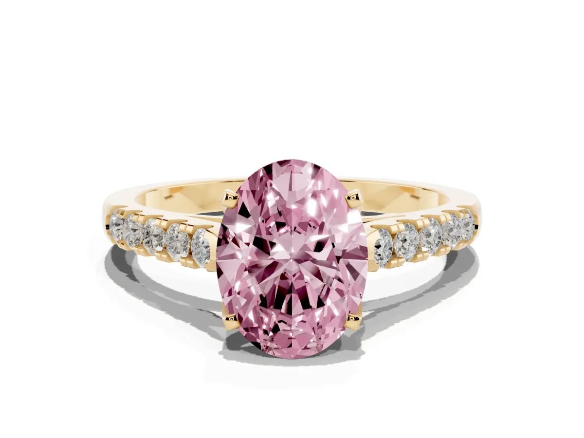 Fancy Pink Oval Cut Diamond Pavé Band Solitaire Ring with Prong Setting Yellow gold