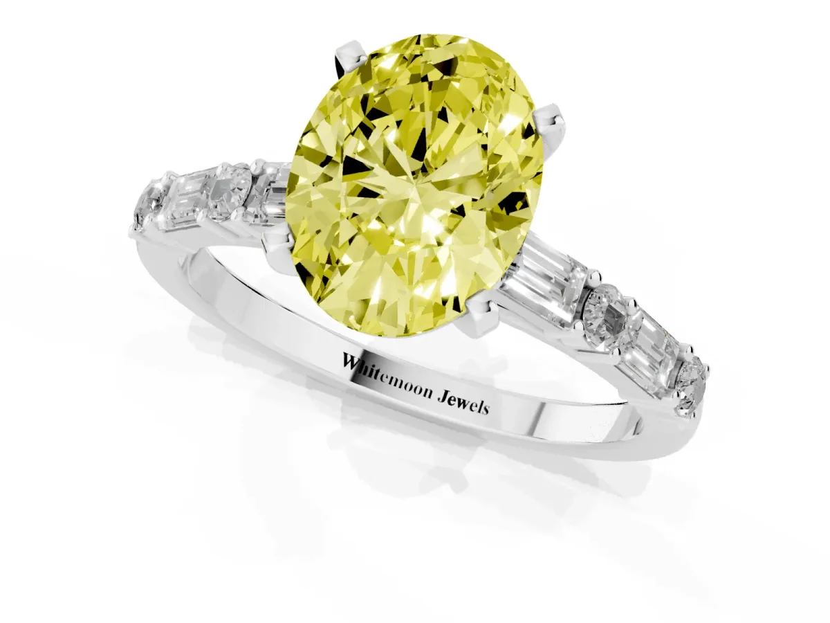 Fancy Yellow Oval Cut Diamond Solitaire with Side Baguettes and Channel Set Band White gold