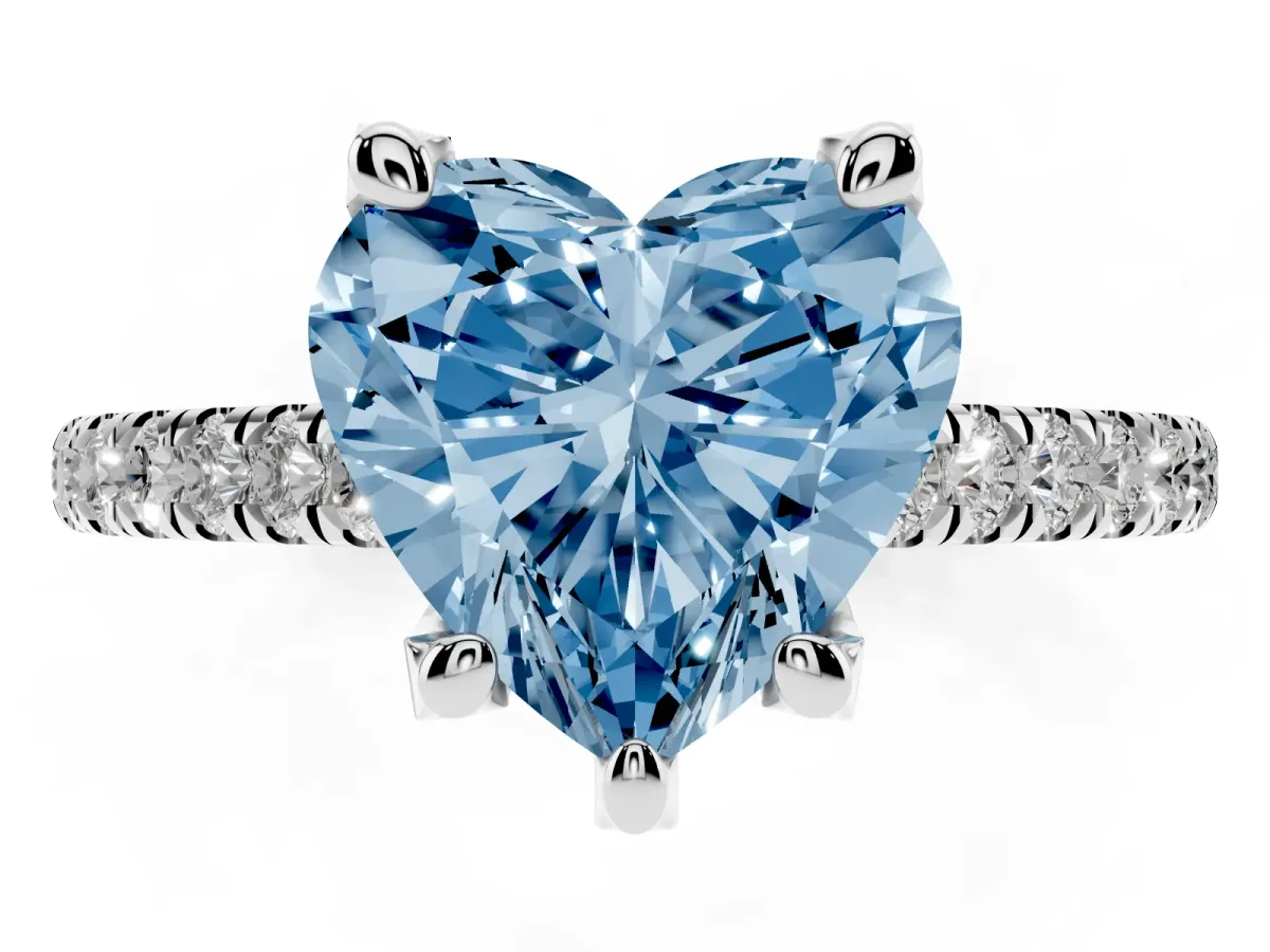 Fancy Blue Heart Cut Brilliant Diamond Solitaire with Pavé Band and Four-Prong Setting Silver