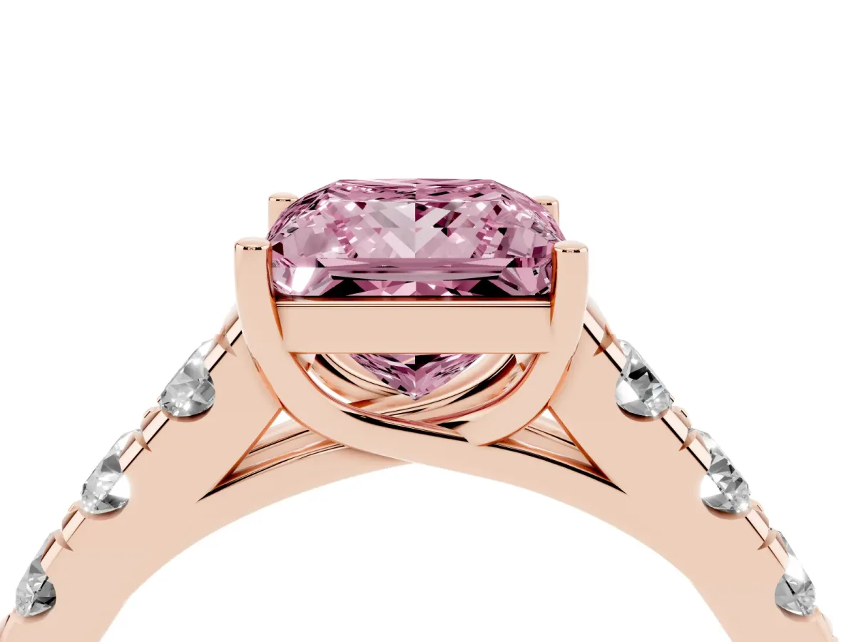 Fancy Pink Princess Cut Cut Diamond Solitaire Ring with Micro Pave Band and Prong Setting Rose gold