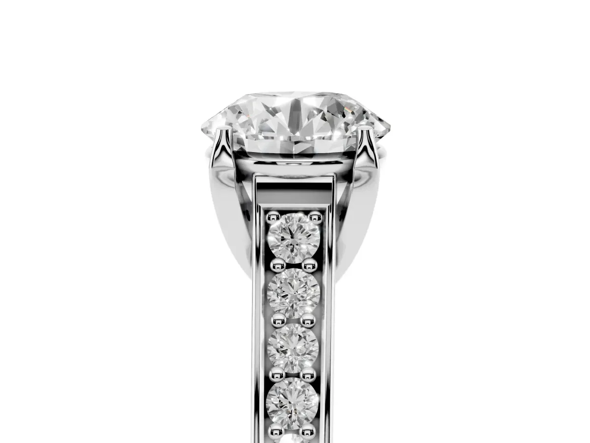 Round Cut Brilliant Cut Diamond Engagement Ring with Pavé Band and Four-Prong Setting Platinum