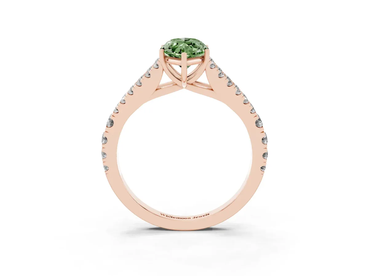 Fancy Green Marquise Cut Diamond Split Shank Engagement Ring with Round Pavé and Prong Setting Rose gold