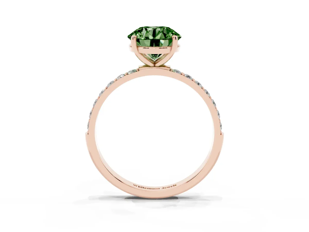 Fancy Green Round Cut Diamond Solitaire Ring with Round Pavé Shoulders and Prong Setting Rose gold