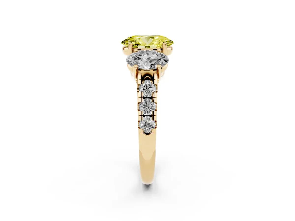 Fancy Yellow Three-Stone Oval Cut Diamond Pavé Band with Prong Setting Yellow gold