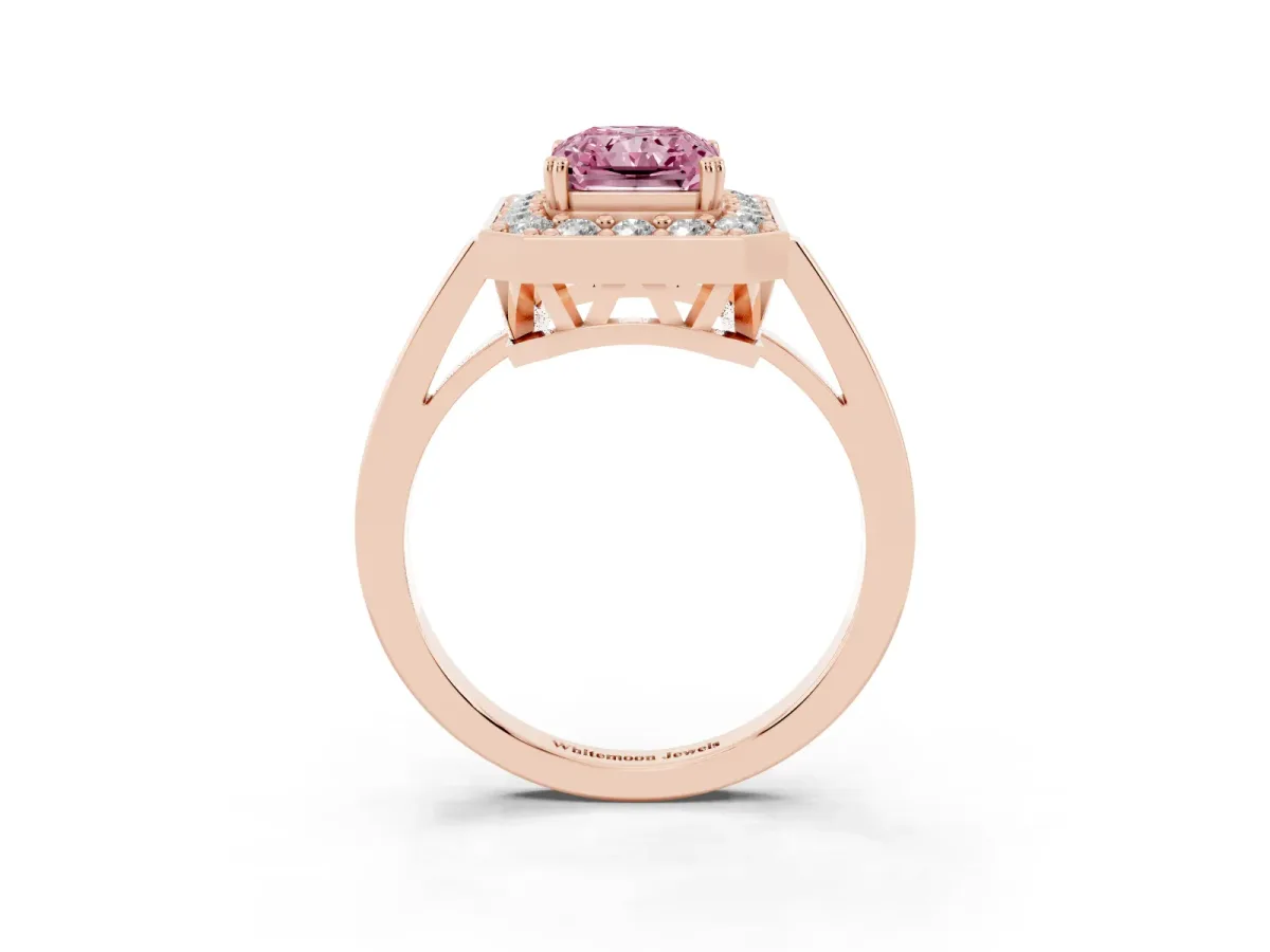 Fancy Pink Radiant Cut Diamond Halo Ring with Split Shank and Four-Prong Setting Rose gold