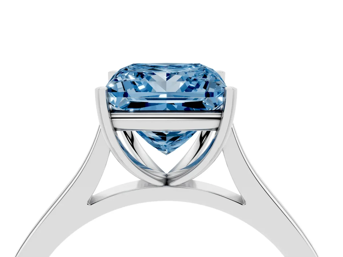 Fancy Blue Princess Cut Solitaire Heart Prong Engagement Ring with Tapered Band White gold