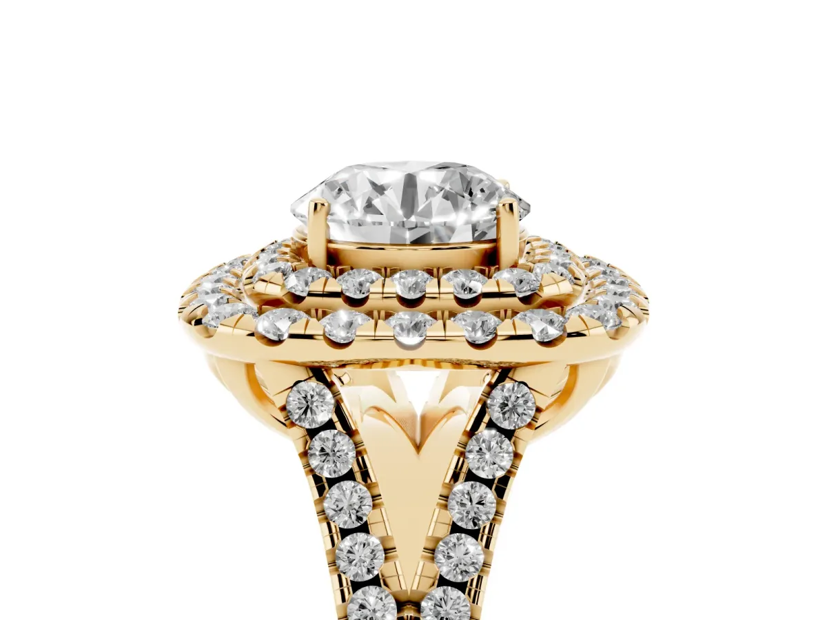 Double Halo Round Cut Diamond Pavé Split Shank Ring with Prong Setting Yellow gold