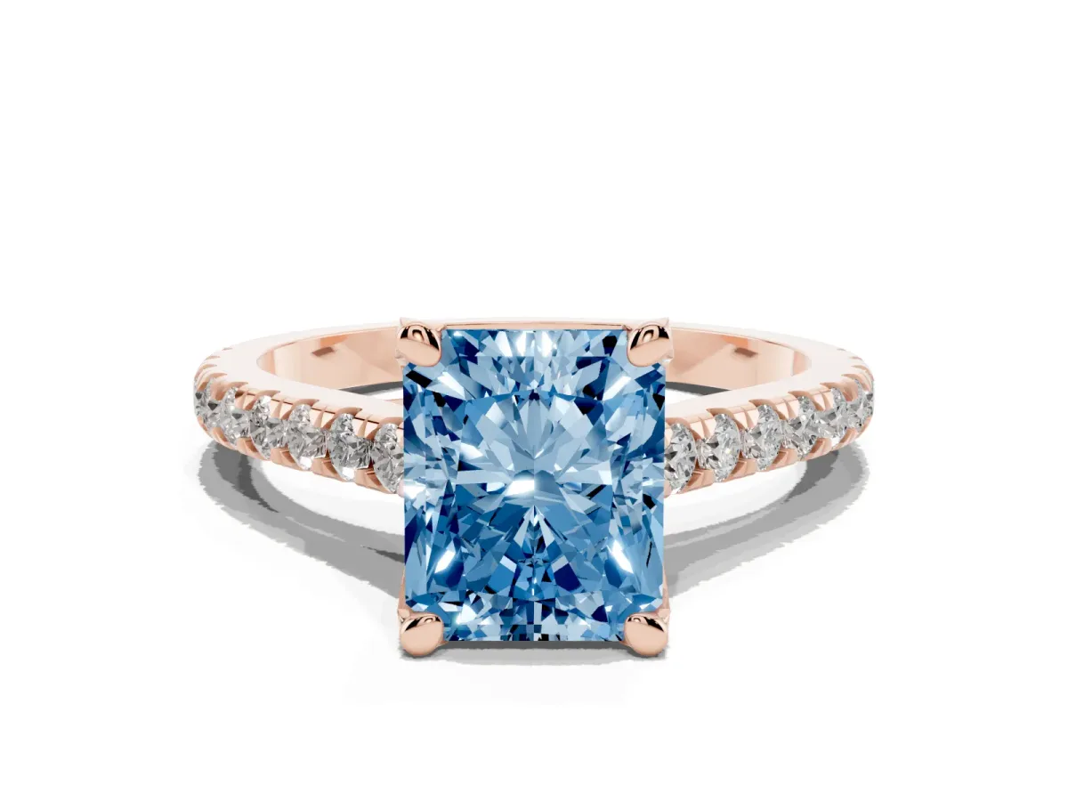 Fancy Blue Radiant Cut Brilliant Diamond Solitaire with Pavé Band and Four-Prong Setting Rose gold