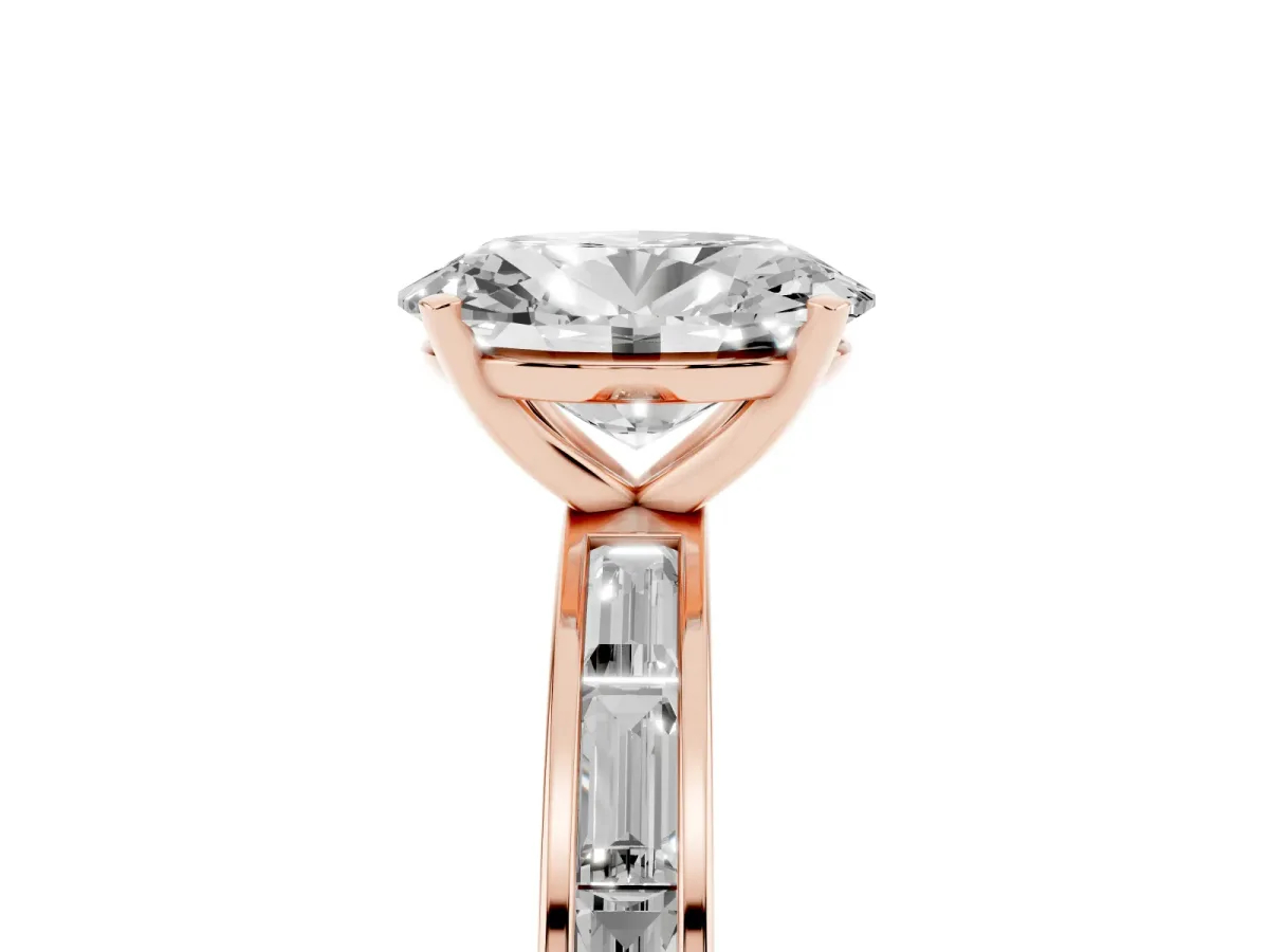 Oval Cut Solitaire Diamond Ring with Channel-Set Baguette Band and Four-Prong Setting Rose gold