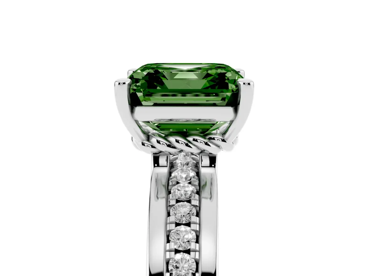 Fancy Green Asscher Cut Solitaire Diamond Ring with Channel Set Band and Six-Prong Setting Platinum