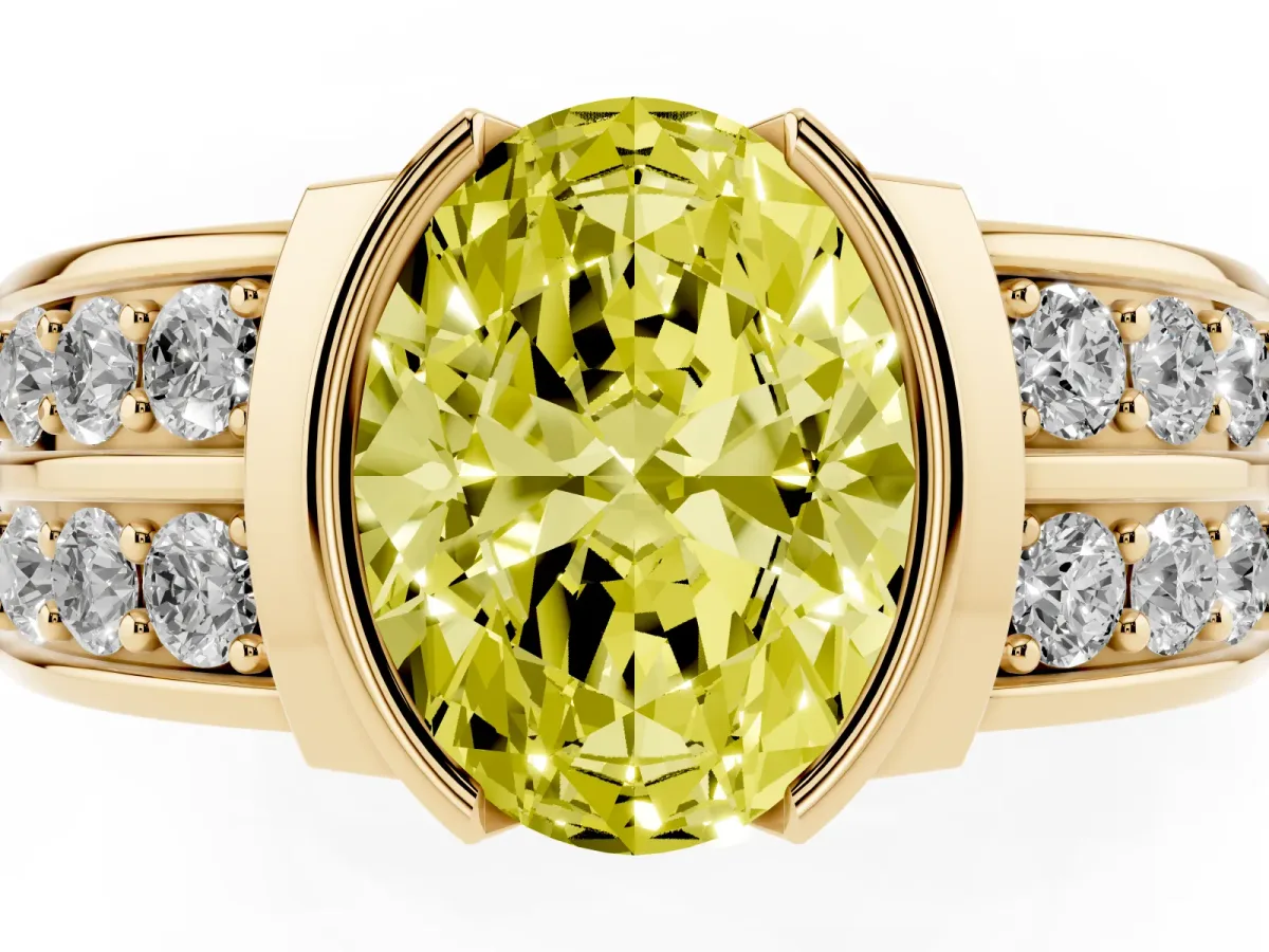 Fancy Yellow Oval Cut Brilliant Diamond Channel Set Wide Band Ring with Bezel Setting Yellow gold
