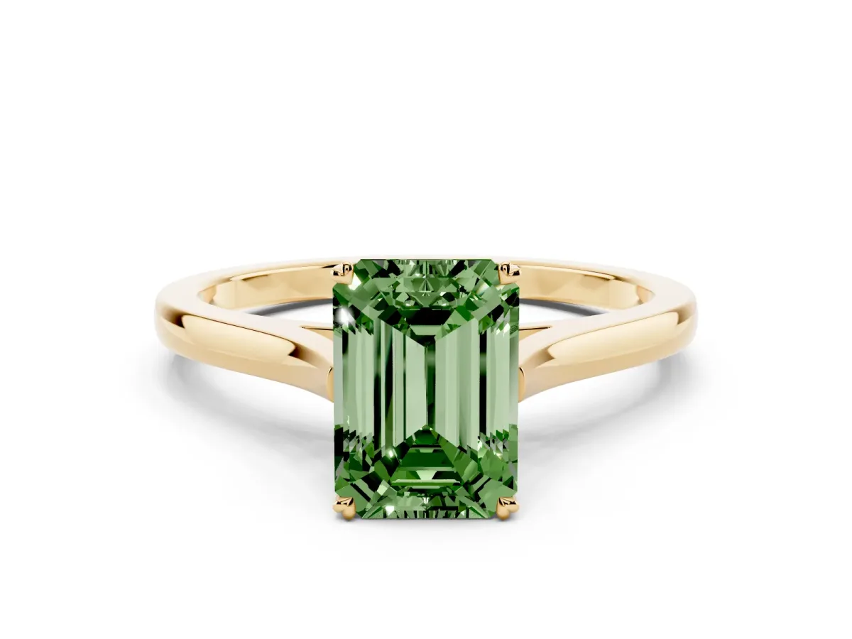 Fancy Green Emerald Cut Solitaire Heart Prong Engagement Ring with Tapered Band Yellow gold
