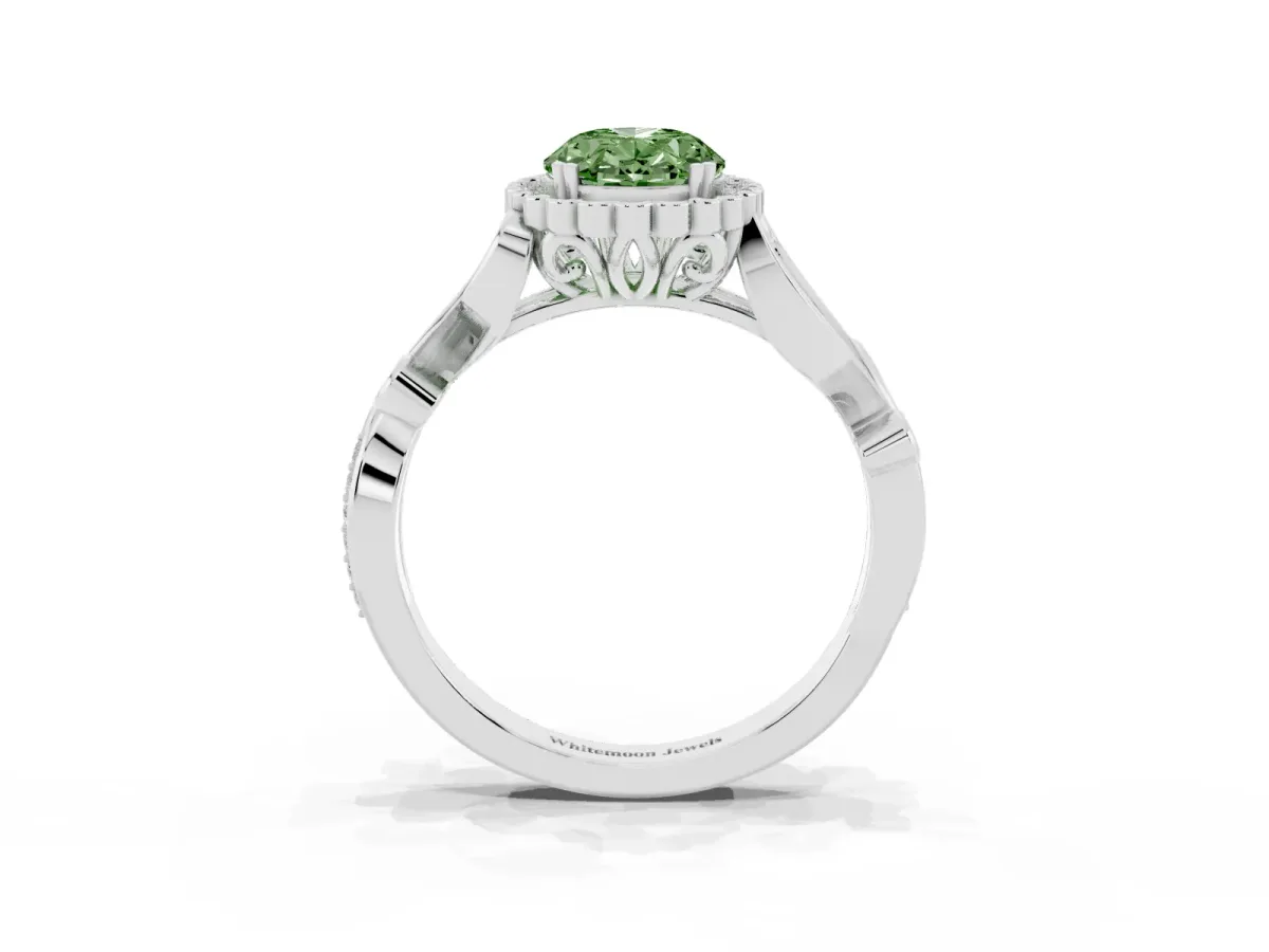Fancy Green Oval Cut Diamond Halo Ring with Vintage Split Shank and Four-Prong Setting Silver