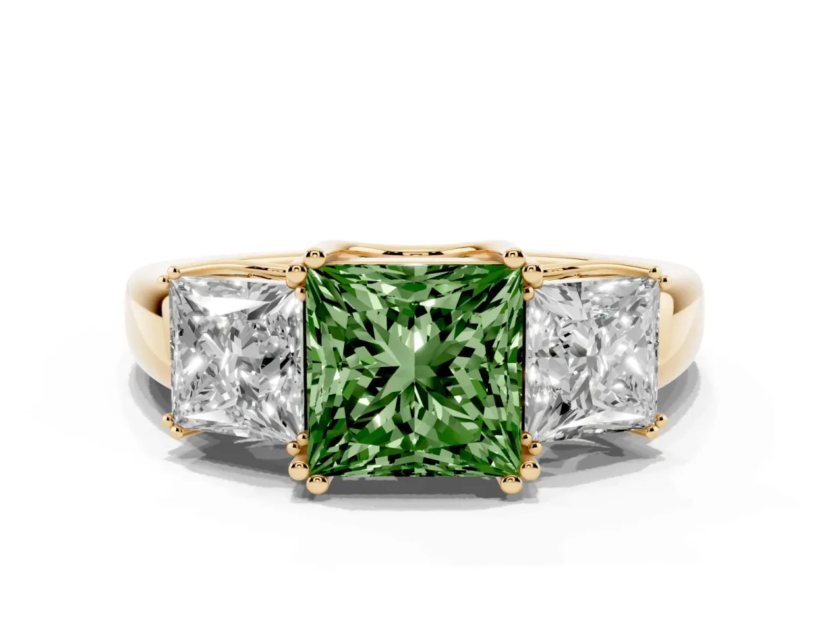 Fancy Green Three-Stone Princess Cut Cut Diamond Ring with Channel Set Band and Four-Prong Setting Yellow gold