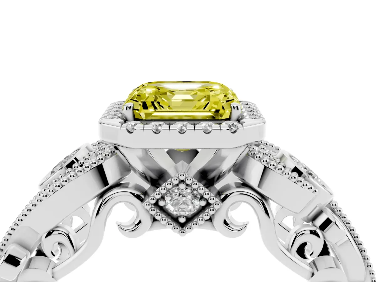 Fancy Yellow Asscher Cut Halo Diamond Ring with Milgrain and Bezel Accents on a Split Shank Band Platinum