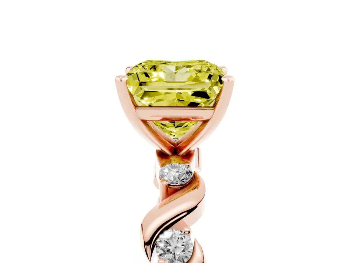 Fancy Yellow Princess Cut Diamond Solitaire Twisted Band with Round Accents and Prong Setting Rose gold