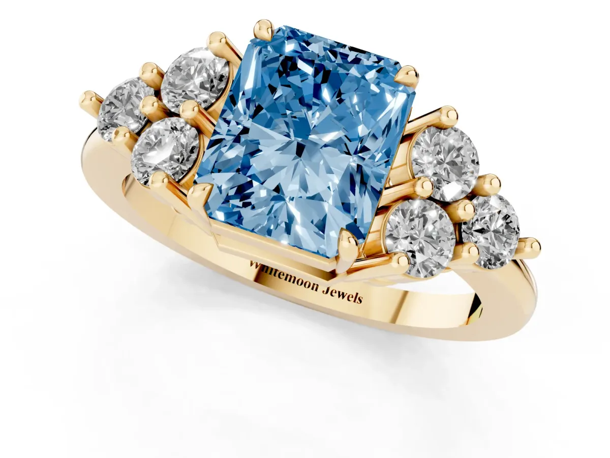 Fancy Blue Radiant Cut Brilliant Diamond Cluster Accent Solitaire Ring with Prong Setting Yellow gold