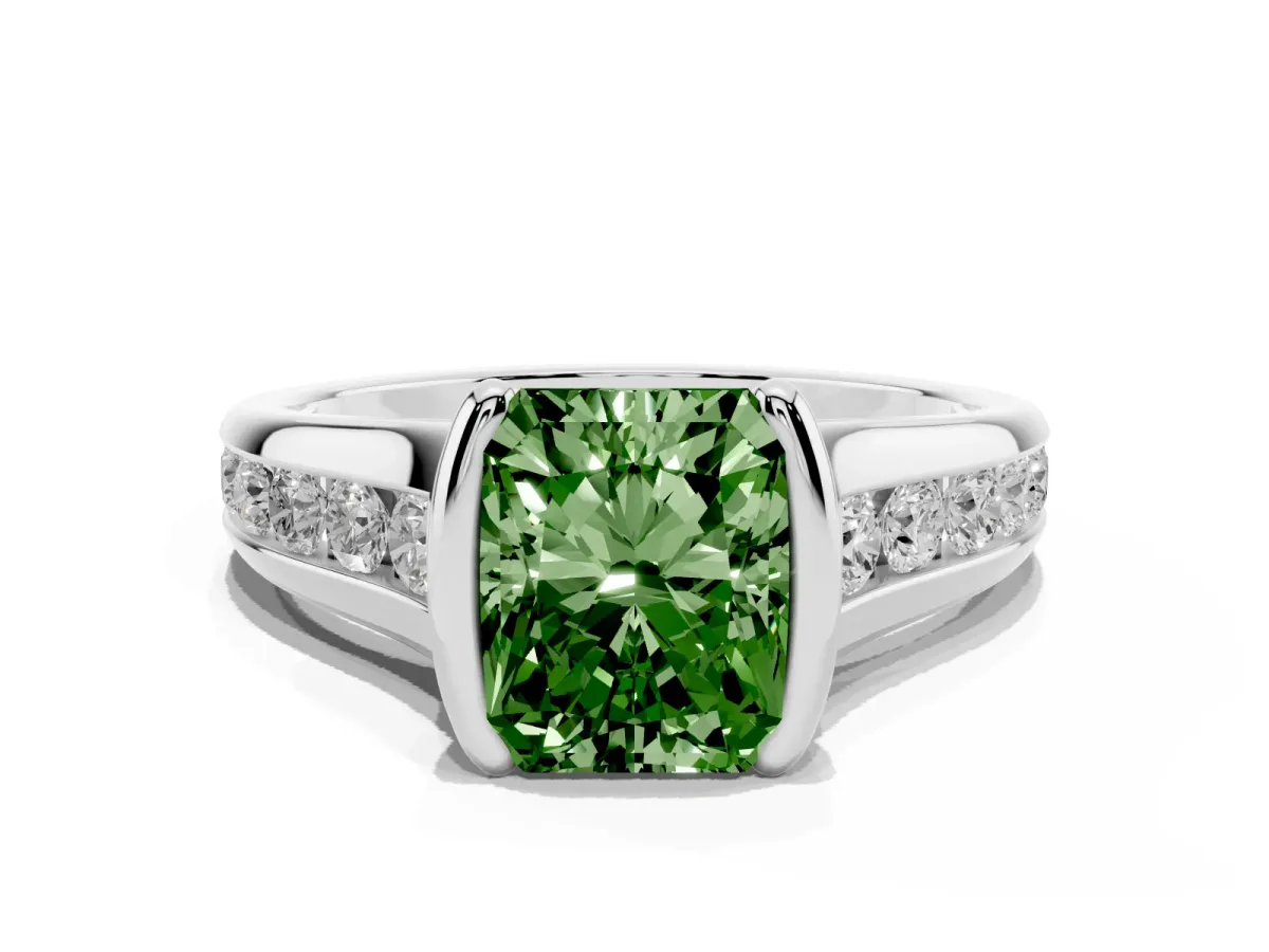 Fancy Green Radiant Cut Solitaire Bezel-Set Diamond Ring with Channel-Set Band Silver