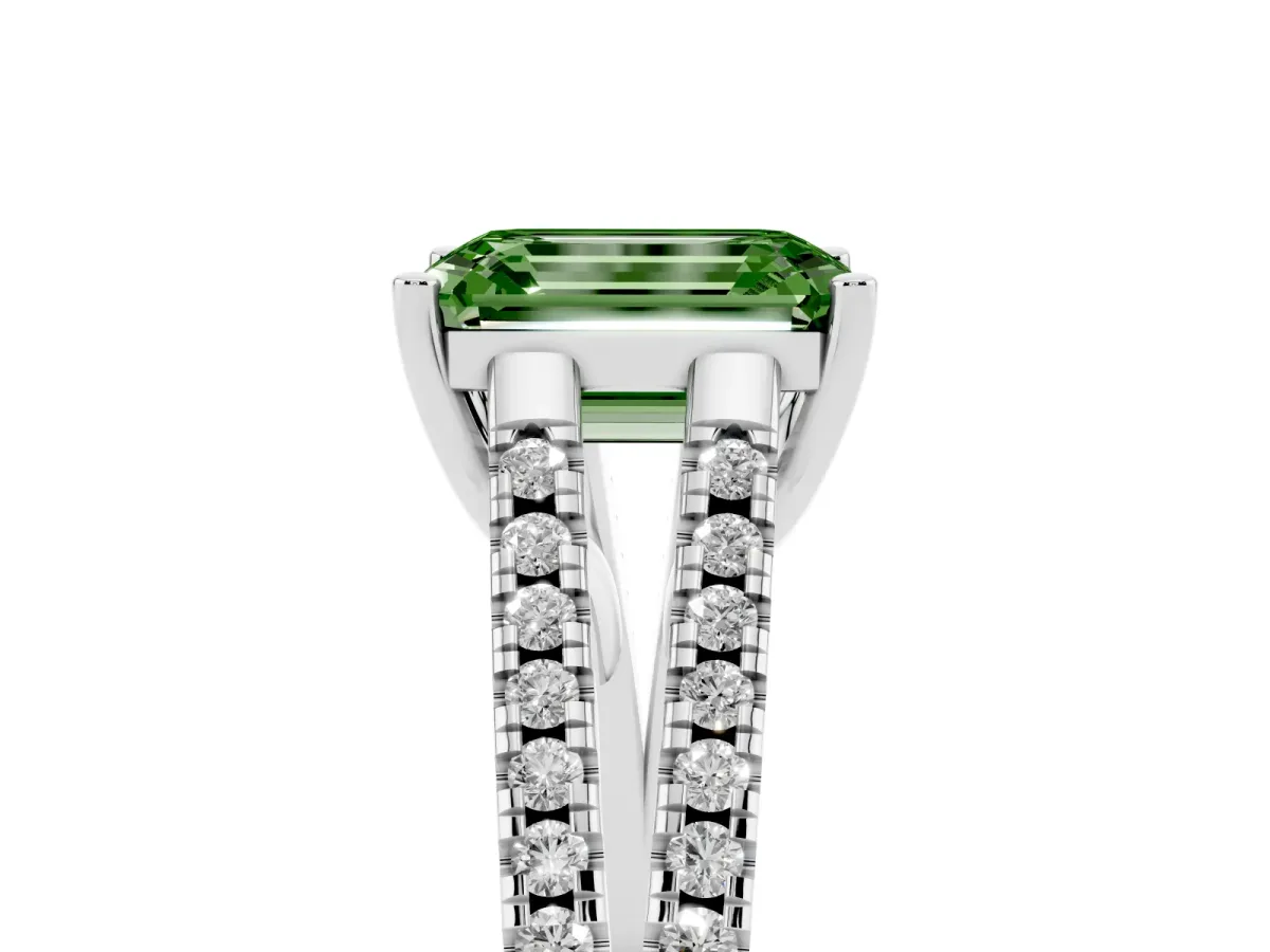 Fancy Green Emerald Cut Diamond Solitaire Engagement Ring with Split Shank Pavé Band Platinum