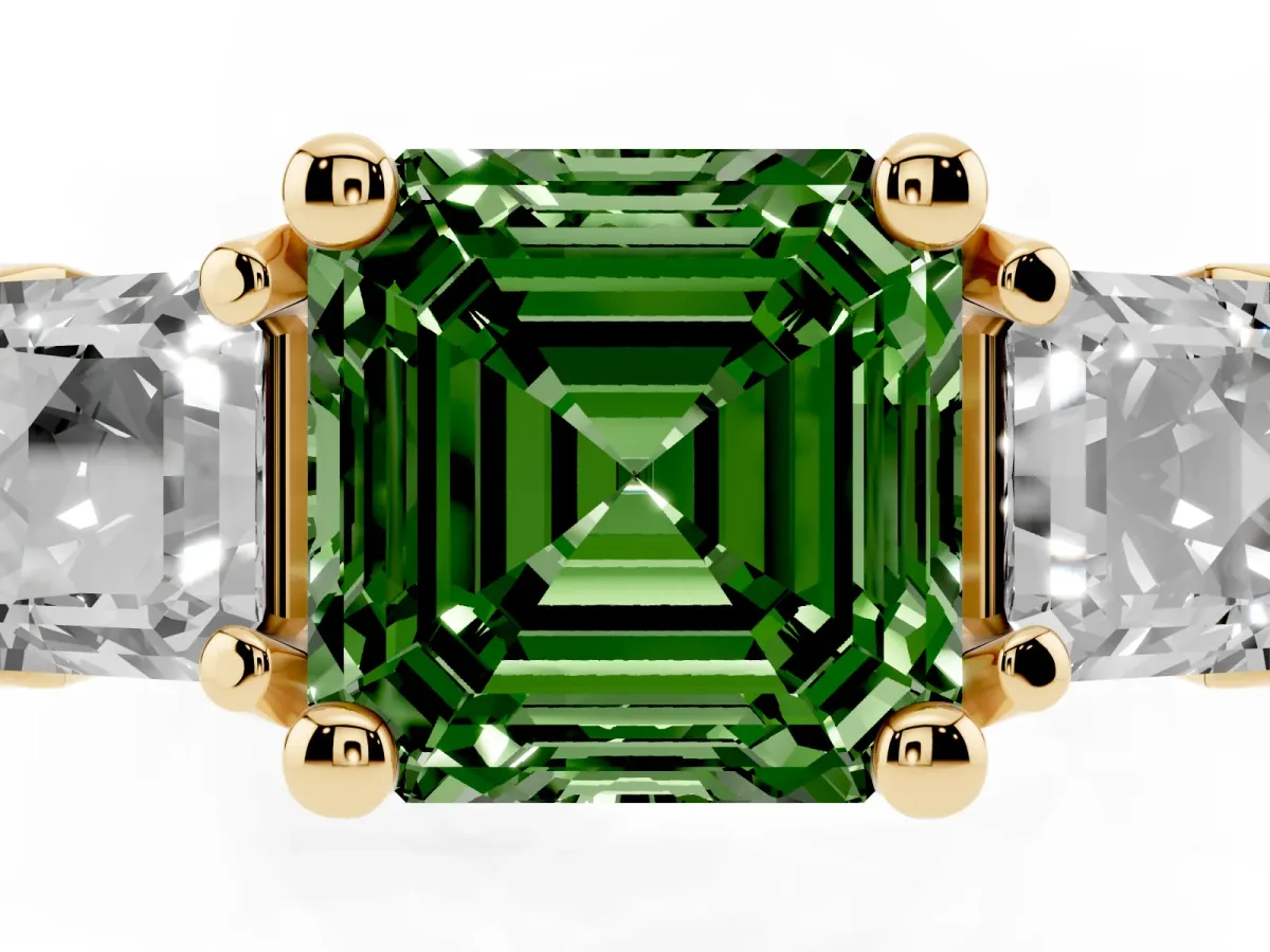 Fancy Green Asscher Cut Diamond Three-Stone Ring with Channel Set Band and Four-Prong Setting Yellow gold