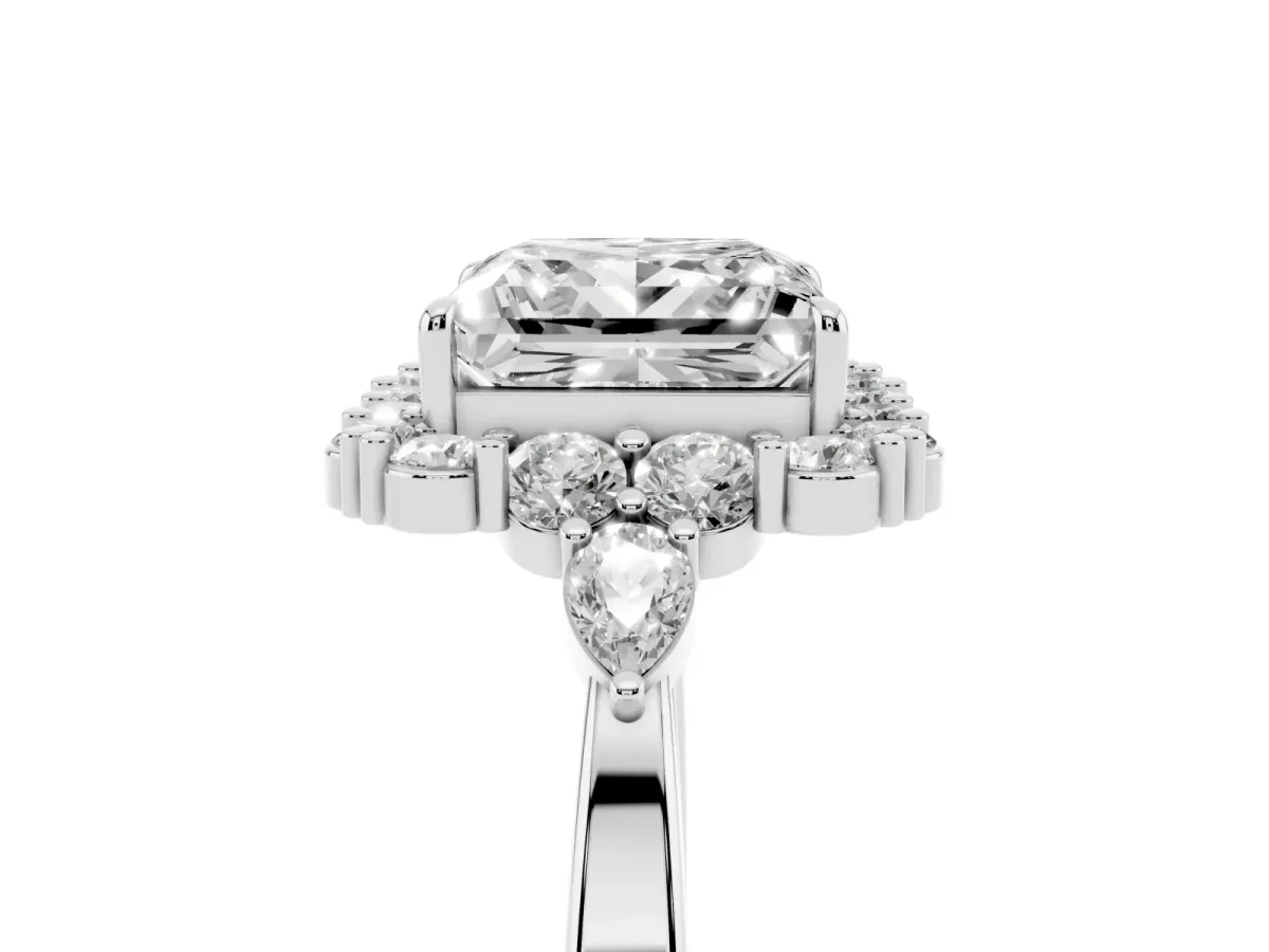 Princess Cut Diamond Halo Ring with Pear Side Stones and Prong Setting Silver