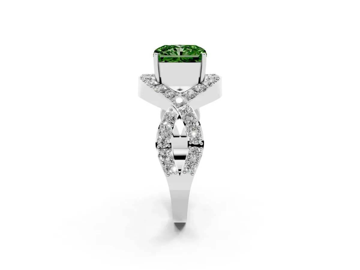 Fancy Green Radiant Cut Solitaire Twist Band Pavé Diamond Engagement Ring Platinum