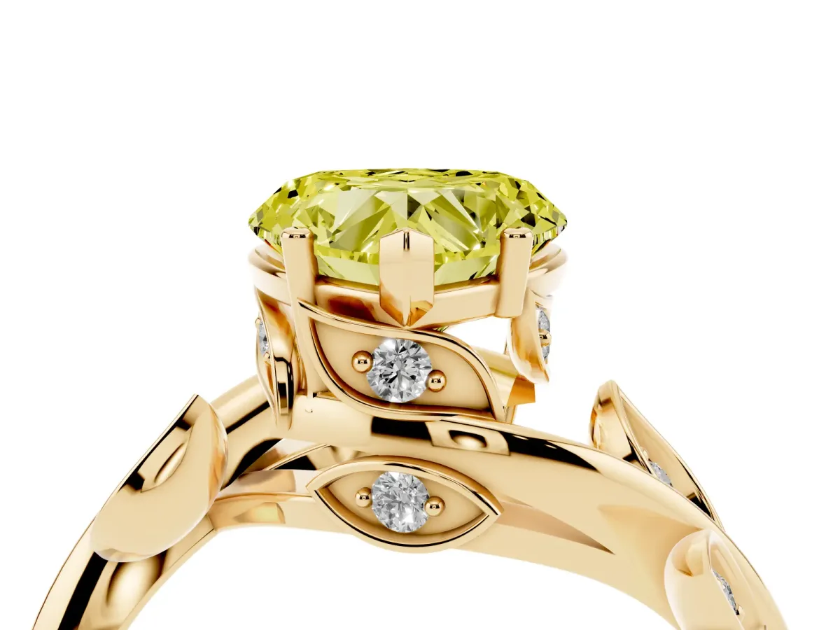 Fancy Yellow Heart Cut Solitaire Twist Engagement Ring with Leaf Accents and Prong Setting Yellow gold
