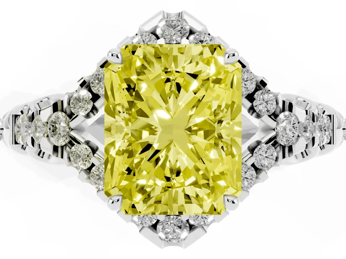 Fancy Yellow Radiant Cut Diamond Solitaire Ring with Hidden Halo and Pavé Band Platinum